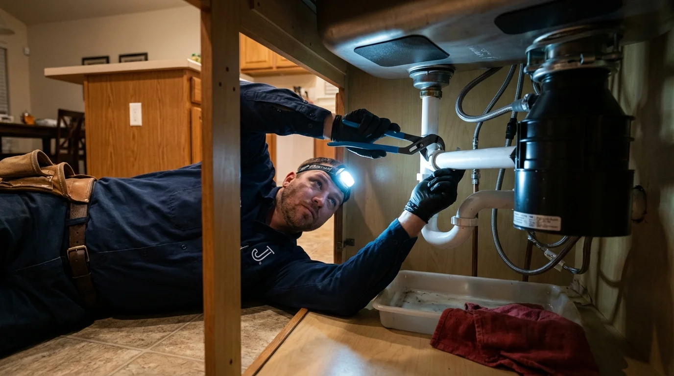 P-trap and supply line connections under a kitchen sink showing a common leak point in Salem, UT